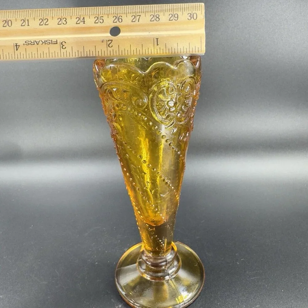 Vintage Mid Century Amber Glass Bud Vase Beaded Wavy Edges Glass‎ Vase VTG Decor